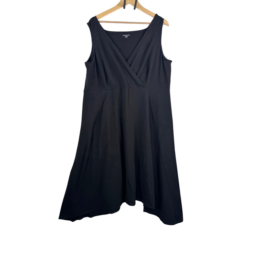Eileen Fisher Asymmetrical knit Black‎ Sleeveless Wrap Midi Dress organic 1X